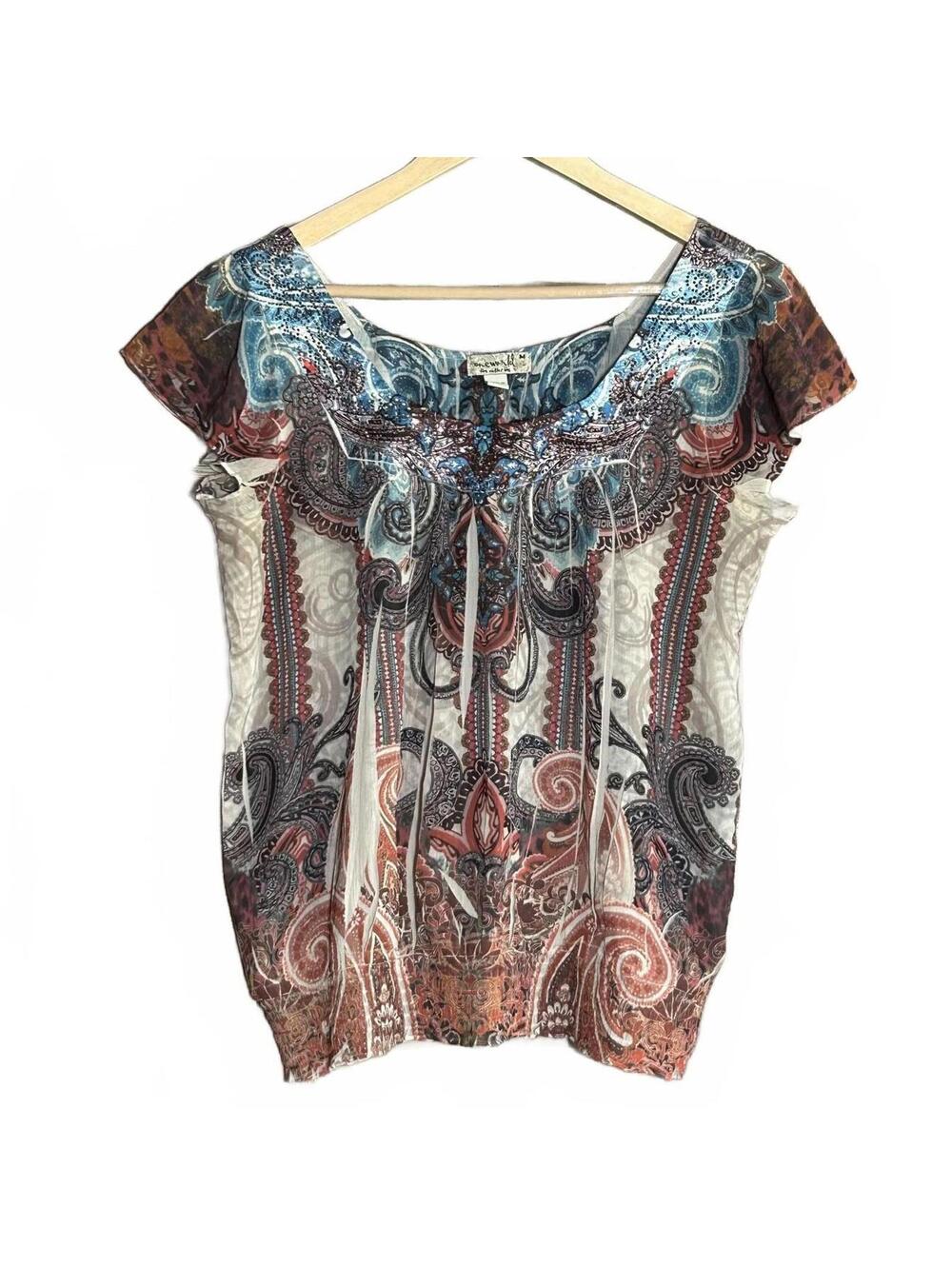 One World Mixed Print Top Beaded Detail Size M Graphic Boho Indie Sleaze Y2K